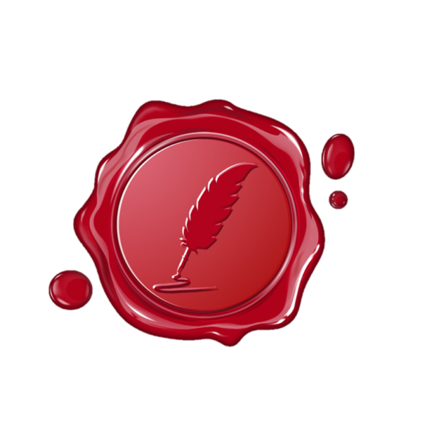 Red wax seal depicting a feathered quill drawing a squiggly line.